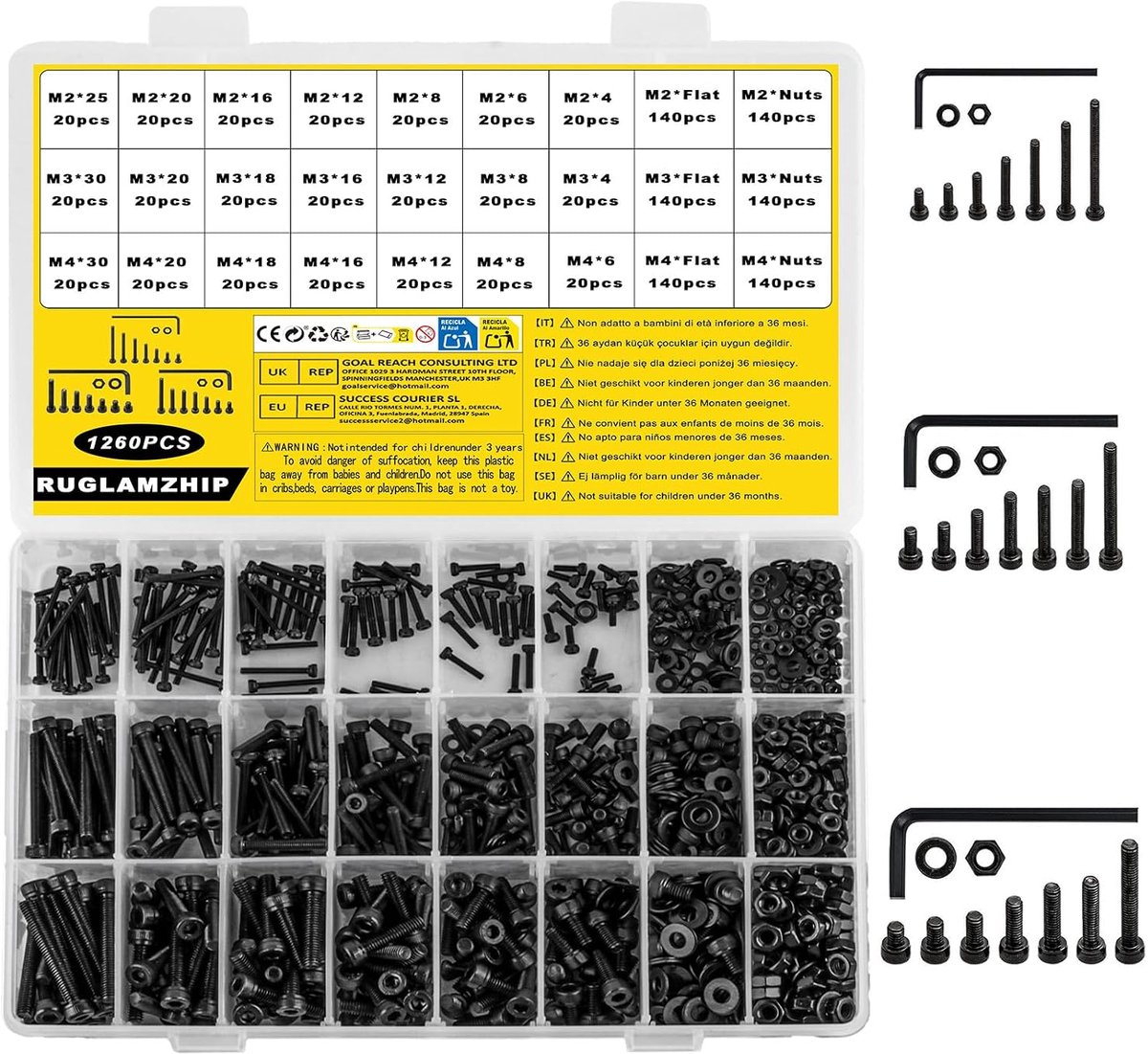 SnelShoppen - 1260-Piece M2 M3 M4 Schroeven Set | Cilinderkopbouten met Inbussleutel Moeren Set, Machinebouten met Moeren Set, Zwarte Schroeven Set me