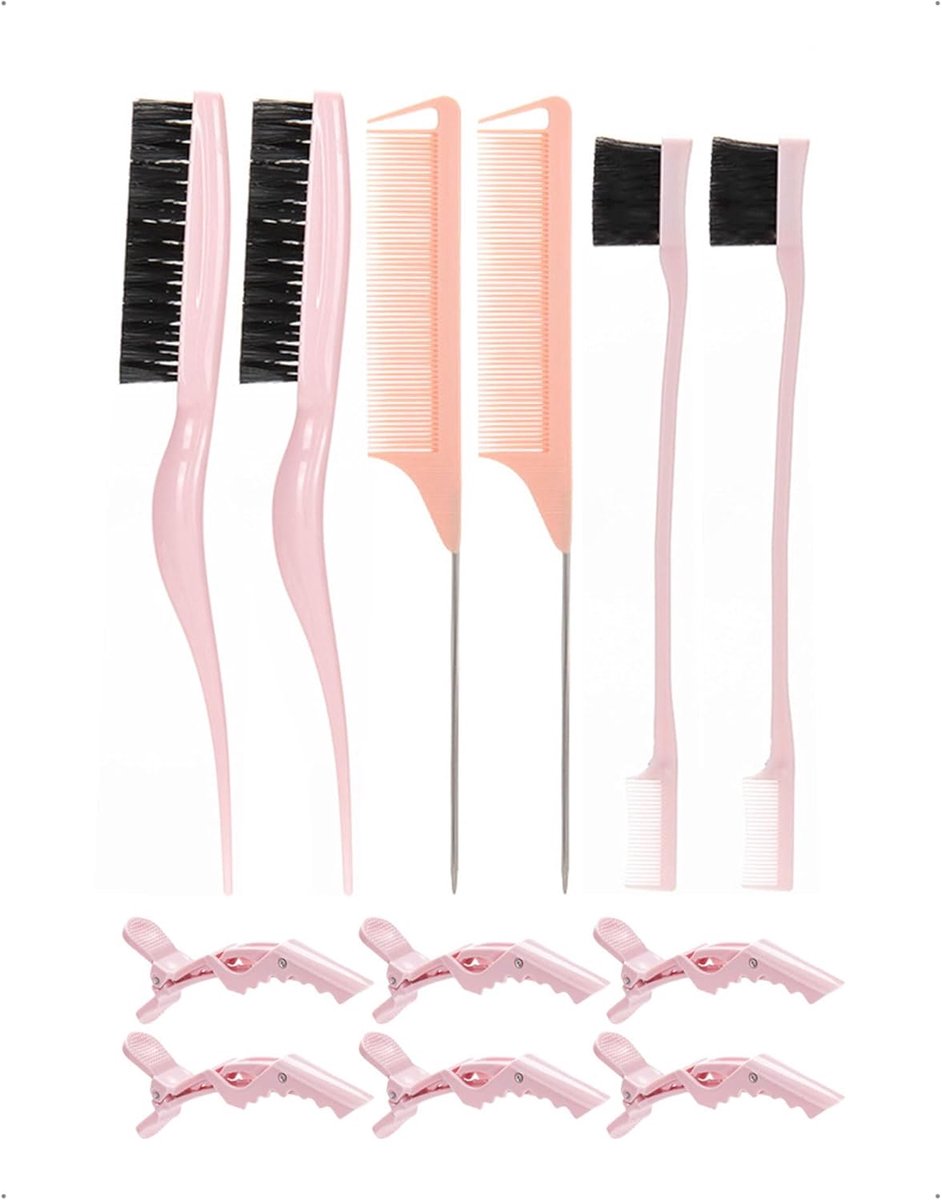 12-delige set kappersbenodigdheden met krokodillenklemmen, roze stylingkam voor vrouwen, kam met steel, hulpmiddel voor het opsteken, vlechten en verdelen, haaraccessoires salon en thuis