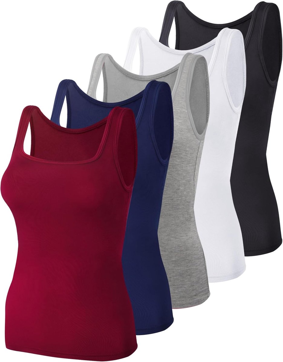 Tanktops voor dames, 5 stuks, vierkante hals, mouwloos, onderhemden