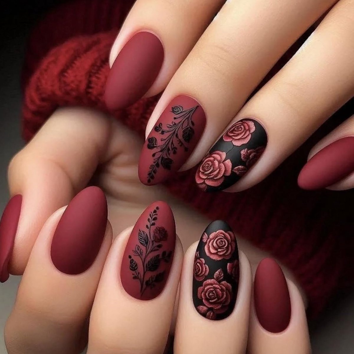 24 stuks korte amandel Press-on nagels, wijnrode roos bloemen valse