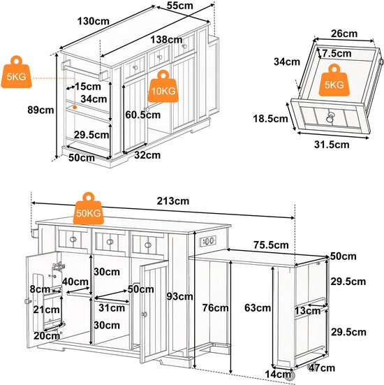 MIVRAY Keukeneiland - Verrijdbare Keukenwagen Met Uittrekbare Eettafel En Verstelbare Planken - Voor Keuken En Eten - MDF - Zwart Natuurlijk - 138 X 55 X 93 Cm — afbeelding 4