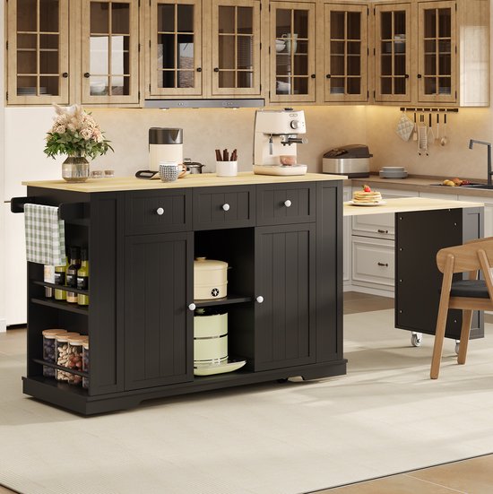MIVRAY Keukeneiland - Verrijdbare Keukenwagen Met Uittrekbare Eettafel En Verstelbare Planken - Voor Keuken En Eten - MDF - Zwart Natuurlijk - 138 X 55 X 93 Cm — afbeelding 3