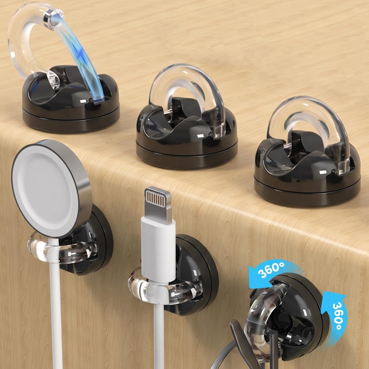 Kabelhouder, magnetisch, 360° draaibaar, kabelclips, bureau, 6 stuks