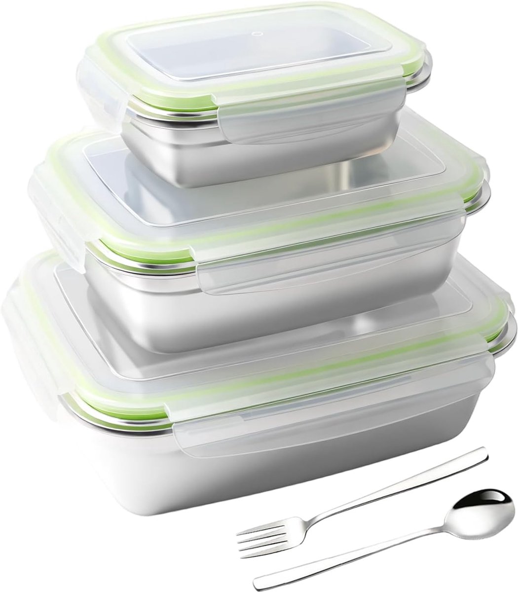 Set van 3 broodtrommel van roestvrij staal, met deksel, luchtdicht, met vork en lepel, vershouddozen, lekvrije lunchbox, voedselcontainer voor school, werk en onderweg (350 ml/850 ml/1800 ml)