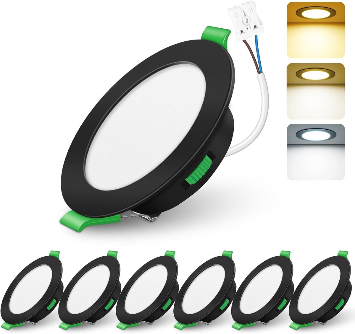 Inbouwspots, 6 stuks, 68 mm, 4 W, led-inbouwspot, dimbaar, AC 220-240 V, warm wit, 3000 K, neutraal wit, 4000 K, koudwit, 6500 K, IP44, plafondspots voor badkamer, keuken, woonkamer, zwart