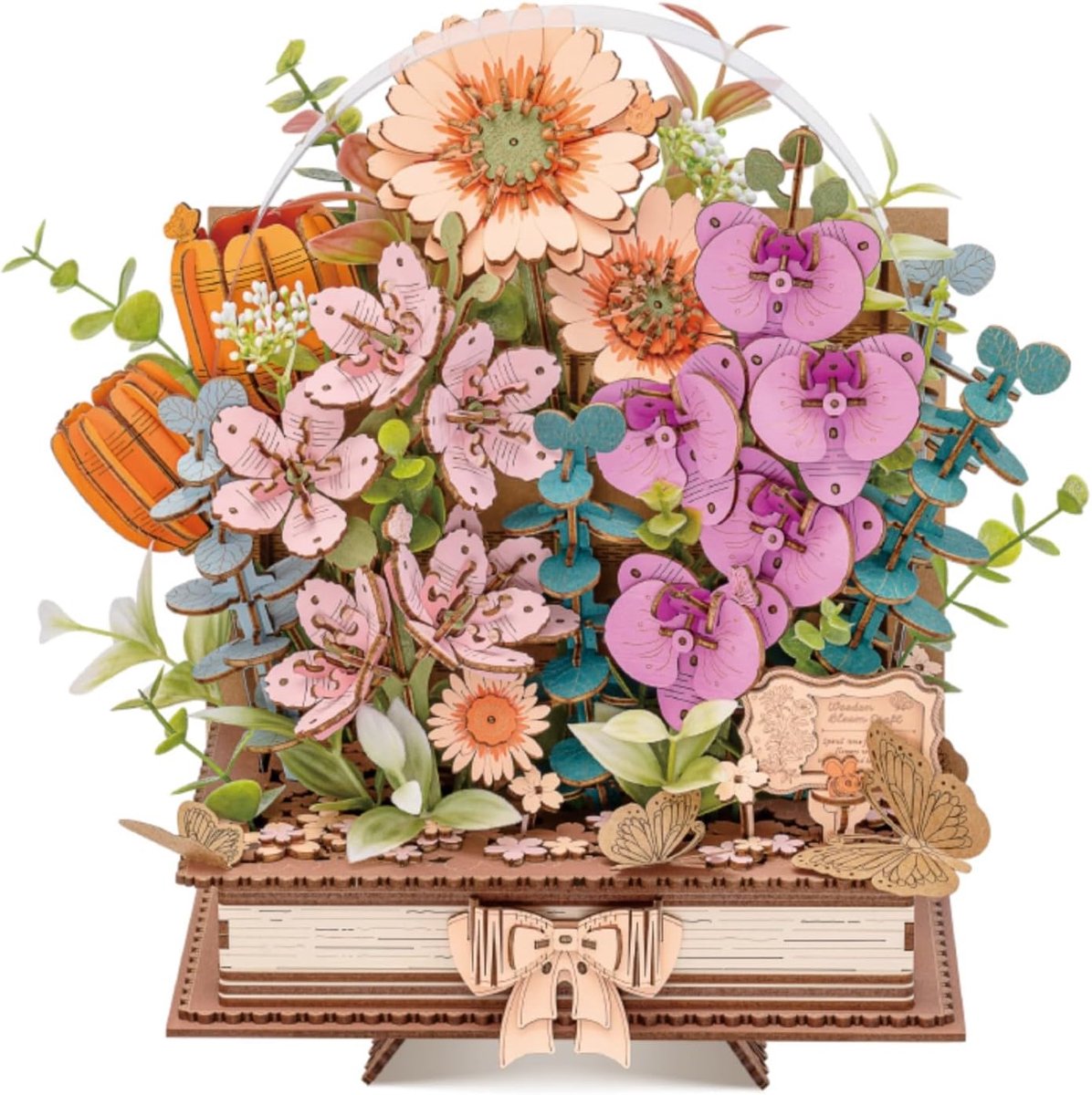 3D houten puzzel met bloemen Blooming Book DIY kit creatieve modelset voor volwassenen, decoratieve houten bloemen, cadeau voor dames en heren