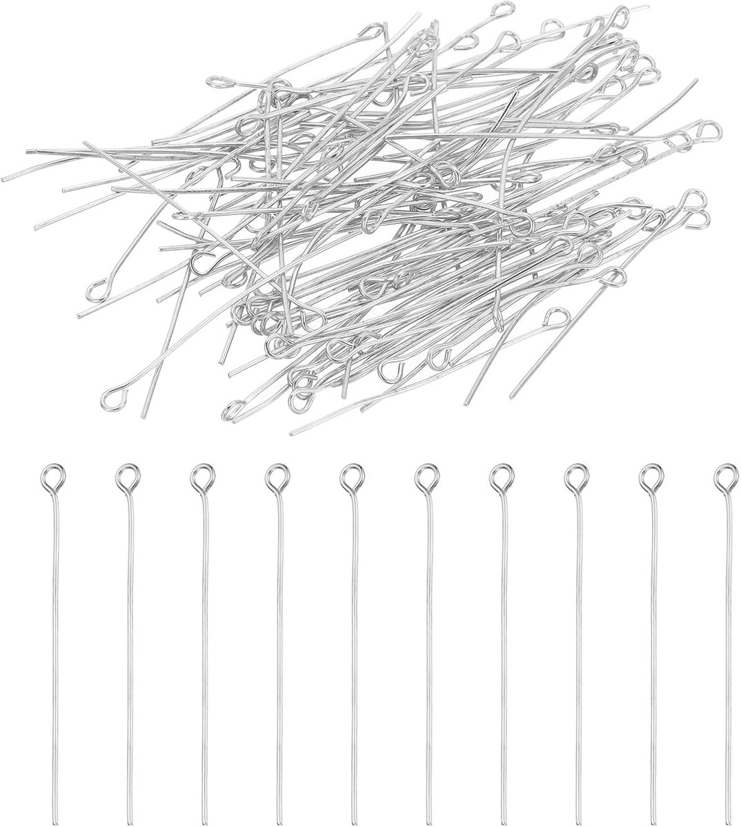 40mm Open Eye Pins, 150 stuks 21 Gauge metalen hoofdspelden naalden eye pins voor sieraden maken accessoires oorbel ketting armband DIY knutselwerk, rhodium kleur
