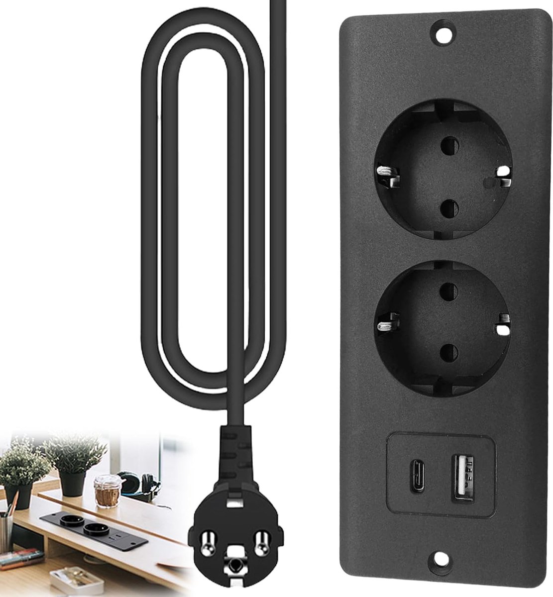 stopcontact, tafelblad stopcontact met USB C 20 W en 2 m kabel, inbouw stekkerdoos 2-voudig, inbouwstopcontact zwart, inbouw stekkerdoos voor vergadertafel, werkblad, banktafel