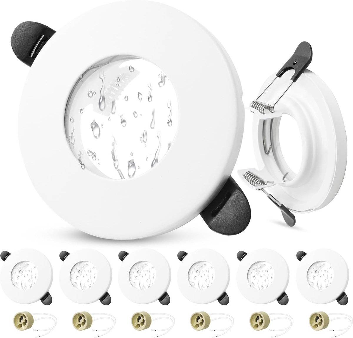 6 x LED Inbouwframe IP65 Incl. GU10 Fitting, LED Inbouwspot 230V Gatmaat 55-70mm, Rond Inbouwspots GU10 Plafondspot, Wit Inbouwframes voor Badkamers