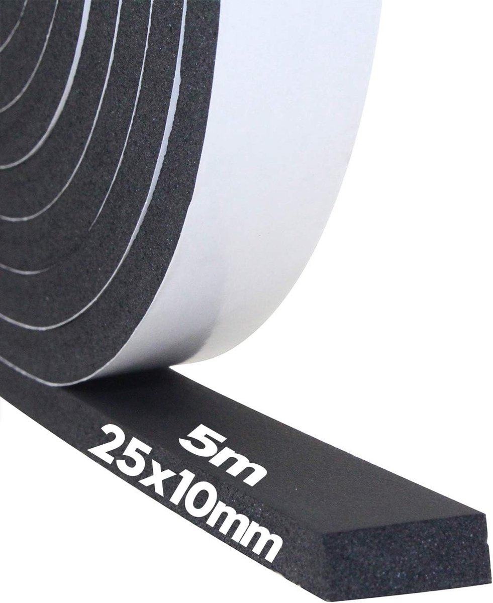 Afdichtingstape Zelfklevend, van Schuimrubber Isolatietape, 25 mm (B) x 10 mm (D) x 5 m (L), voor Deuren en Ramen, Weerbestendig, Geluiddemped