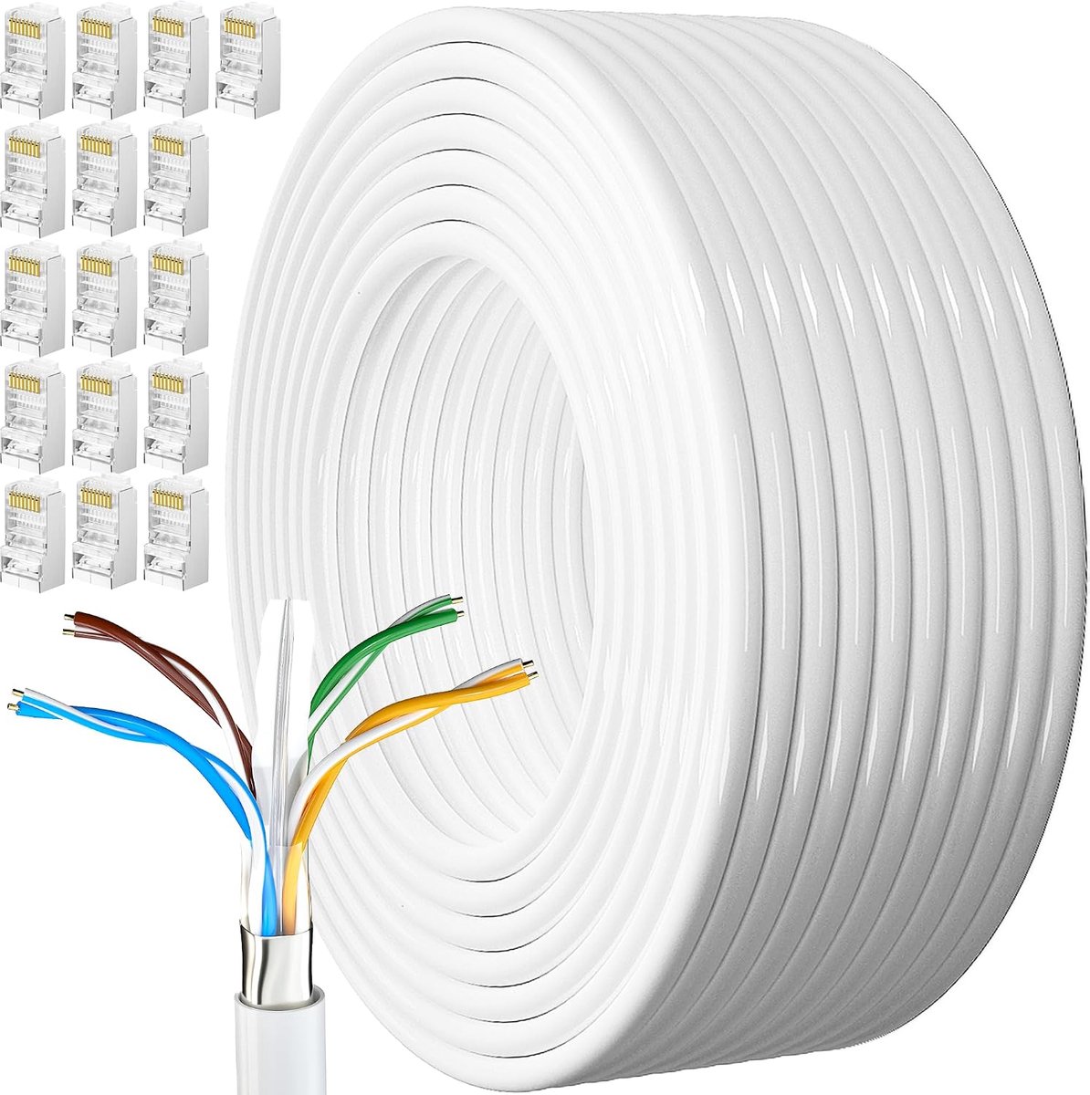 Kabel 80 Meter Cat 6 Afgeschermd Buiten Bulk Ethernetkabel Extra Lange Netwerkkabel Installeren Waterdicht Weerbestendig Hoge Snelheid FTP 23awg Gigabit Netwerklijn Internetdraadkabel Wit