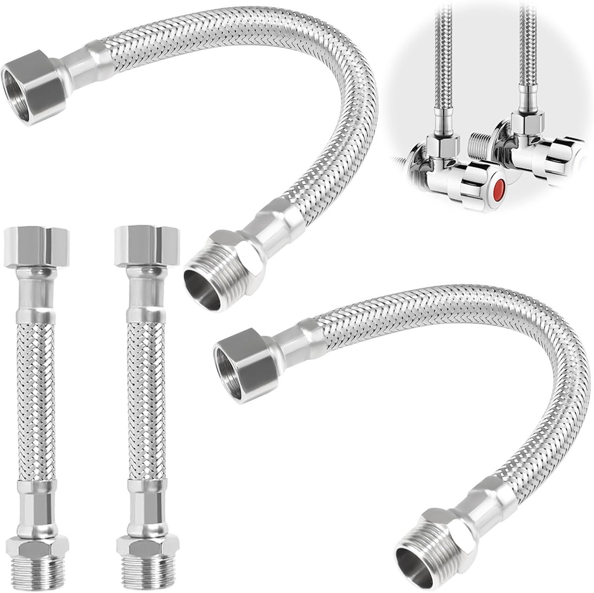 4 stuks, 3/8 inch, 20 cm/10 cm, flexibele slang 3/8, 304 roestvrij