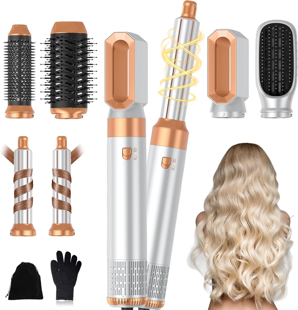 6-in-1 airbrush haarstyler, Pro Air Styler set, 1000 W ronde borstelföhn, Air Curler, warme luchtborstel, föhnborstel, haardroger, stijlborstel, styling voor alle haartypes