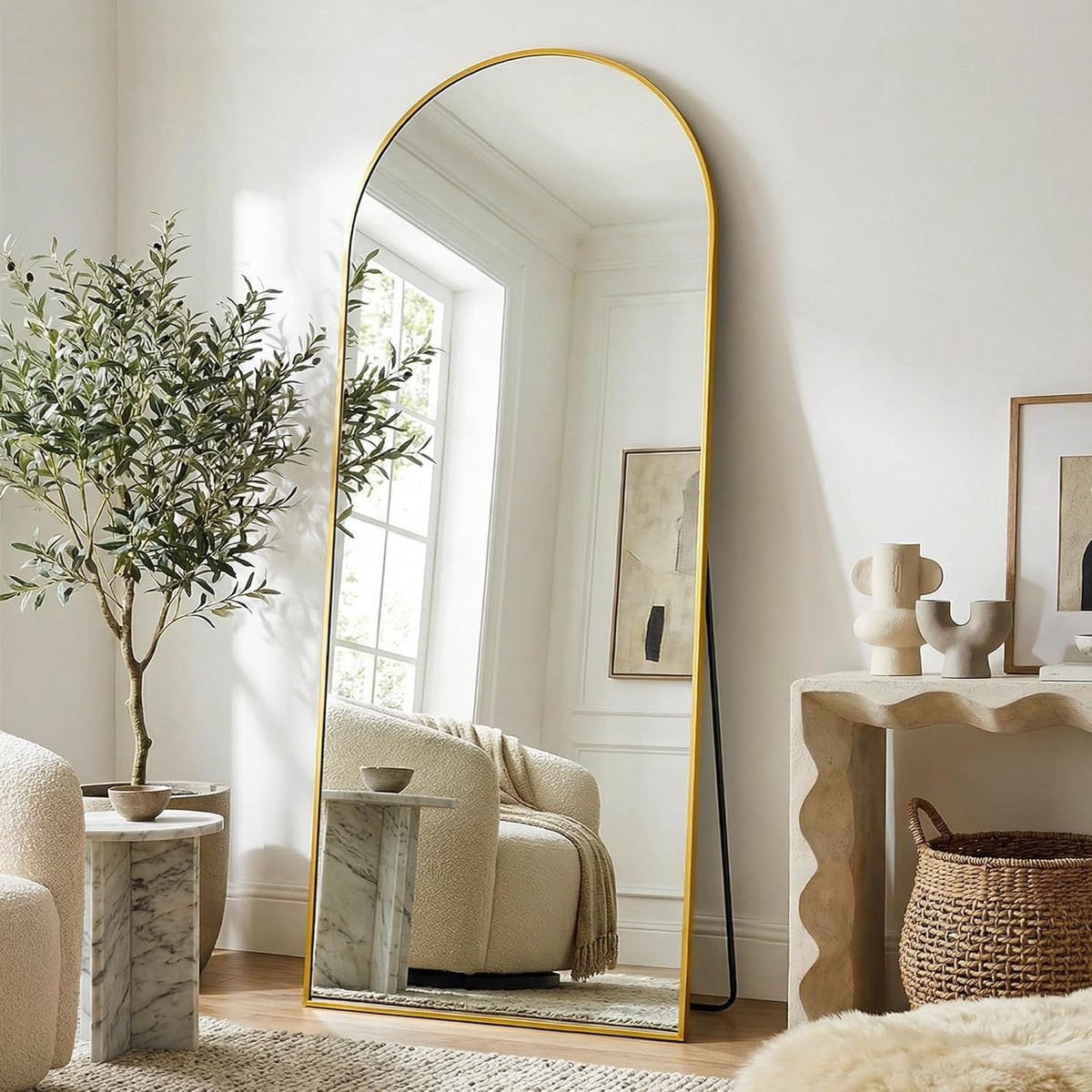 163 x 54 cm full-body spiegel, gebogen staande spiegel, frame van aluminiumlegering, onbreekbaar glas, vloerspiegel voor woonkamer, kleedkamer, goud