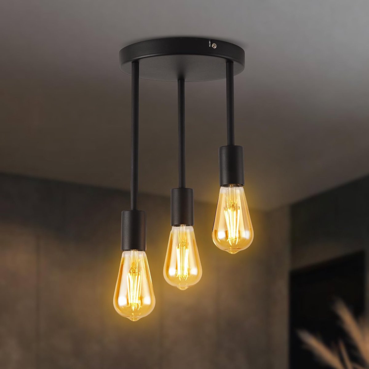 Plafondspots, 3 lampen, rond, zwart, hangende plafondlamp, vintage plafondlamp, E27, industriële plafondspots voor eetkamer, keuken, hal, woonkamer (zonder lampen)