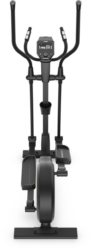 Volledig zwarte VirtuFit crosstrainer met display en handvatten, gezien vanaf de voorkant.
