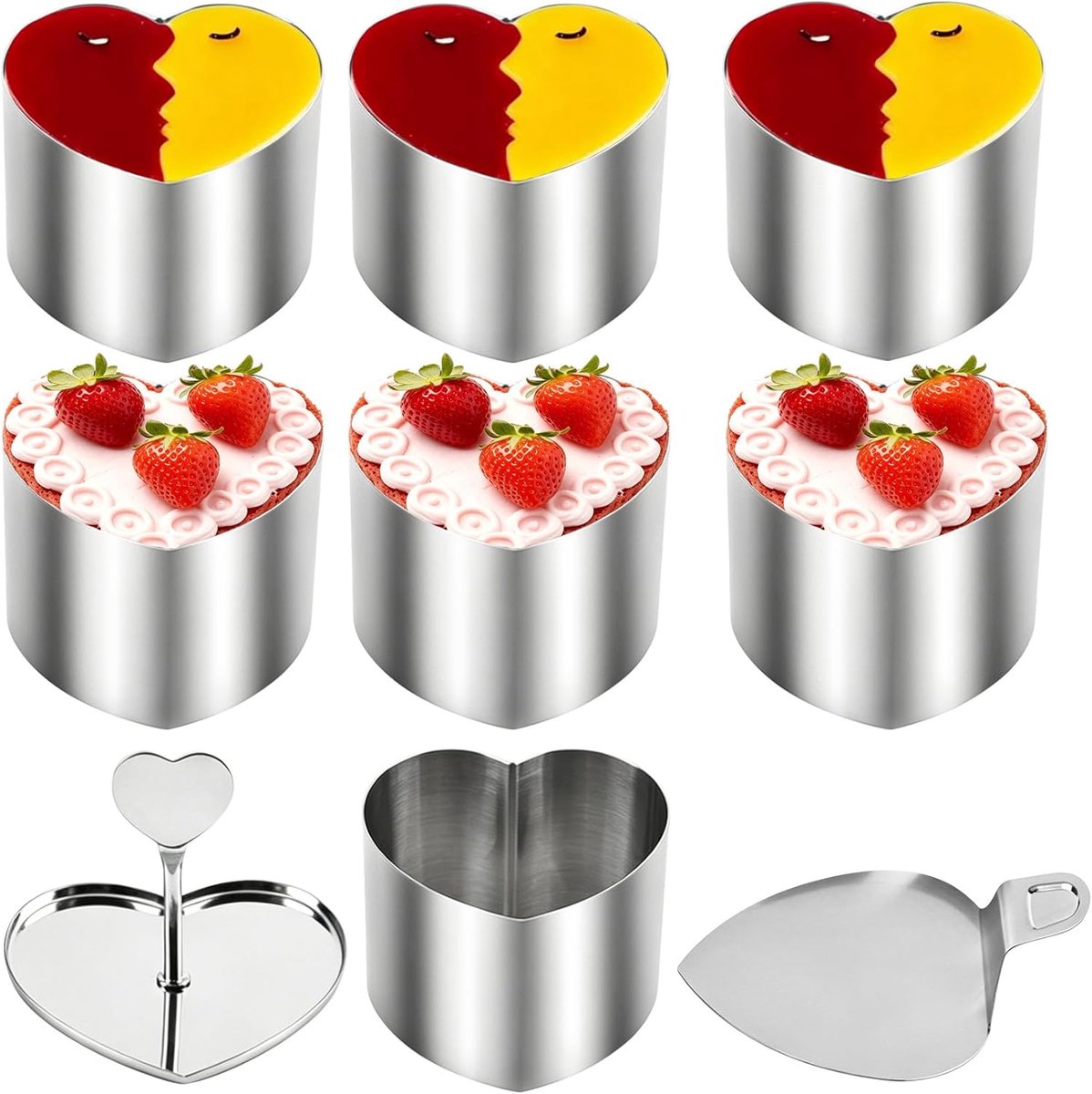 10 stuks dessertringen en dinerringen – Roestvrijstalen serveerringen, 7,5 cm, met stamper en serveerlepel – Professionele serveerringen voor hapjes, mousse en gebak