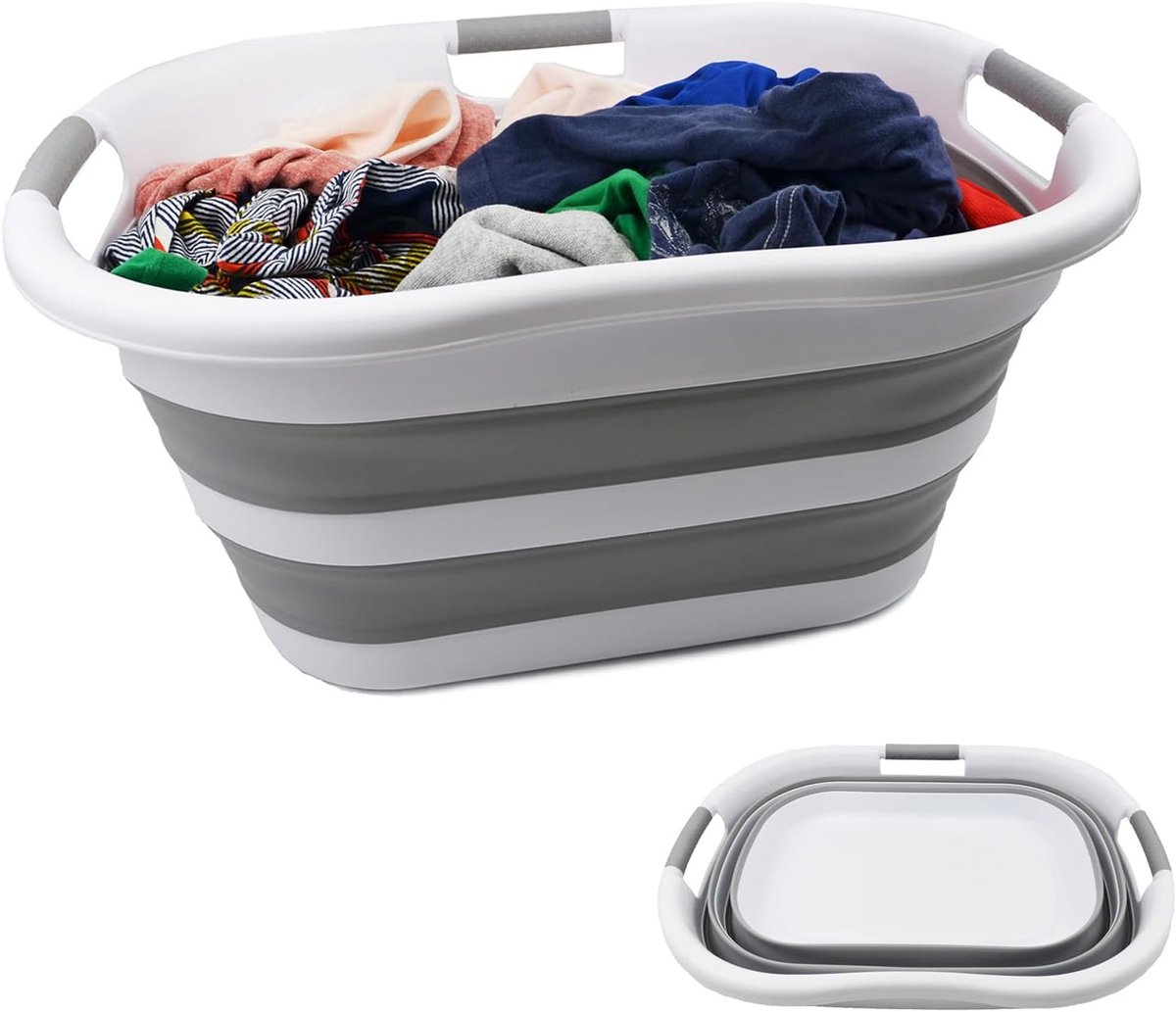Opvouwbare plastic wasmand van 40 liter - opvouwbare pop-up opbergcontainer/organizer - draagbare wasbak - ruimtebesparende mand/mand (1, wit/grijs)