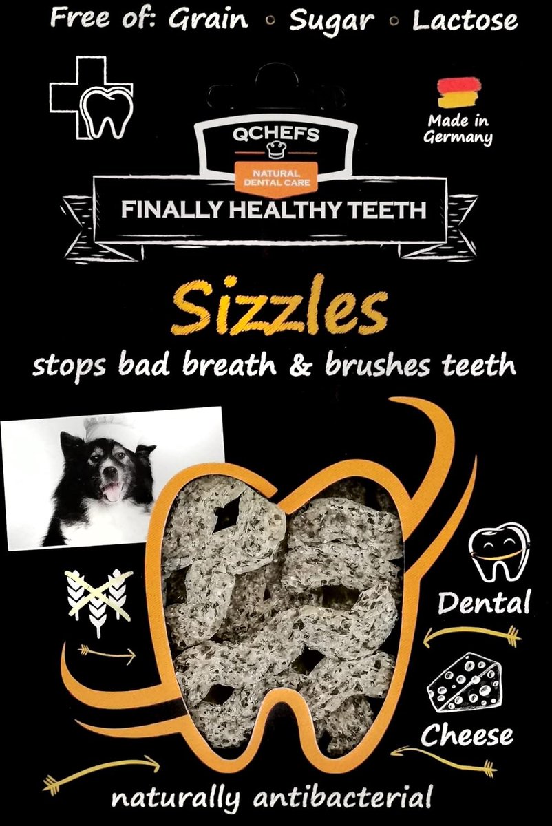 SnelShoppen - QCHEFS Sizzles tegen tandplak en slechte adem | Laag calorieën | Vermindert tandbacteriën | Natuurlijke antibacteriële kaas voor honden