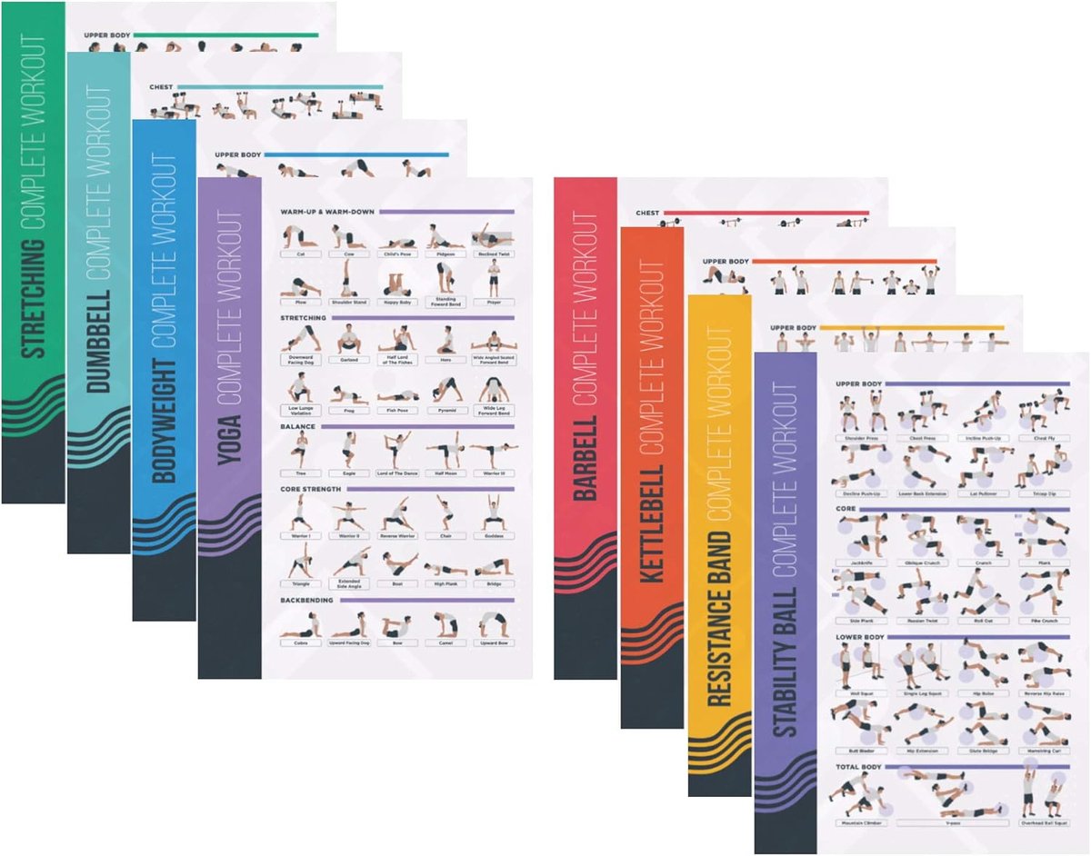 SnelShoppen - 8 Pack Workout Posters Bundle - Dumbbell, Barbell, Lichaamsgewicht, Yoga, Rekken, Stabiliteitsbal, Weerstandsbanden, Kettlebell | Thuis