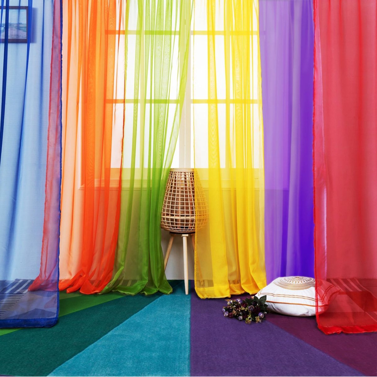 SnelShoppen - 6 Delige Regenboog Doorzichtige Raam Panelen Kleurvolle Achtergrond Heldere Gordijnen Set voor Speelkamer, Babykamers, Slaapkamer in Lim