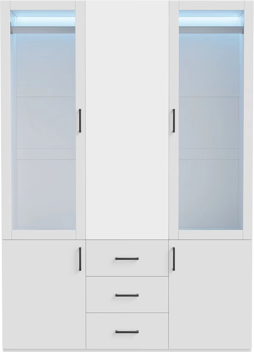 Kledingkast - 4-deurs Kast met 3 Lades en Transparante Deuren met Spiegel - Ruime Kledingopslag met Moderne Uitstraling - Neutrale Afwerking