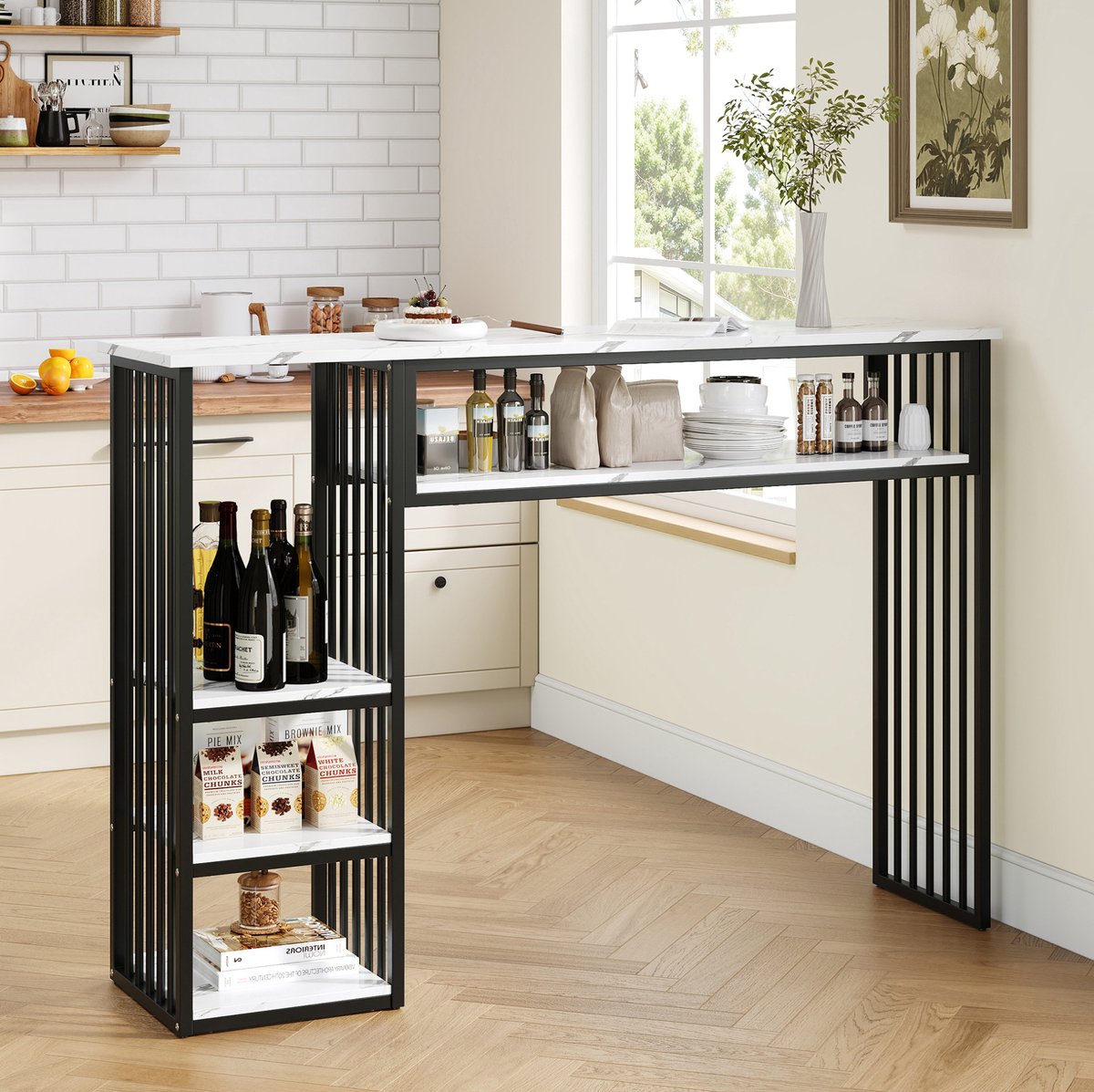 MIVRAY Bartafel - Met Open Opbergruimte En Marmerlook Tafelblad - Voor Keuken En Eetkamer - MDF En Metaal - 140x40x105 Cm - Wit Zwart