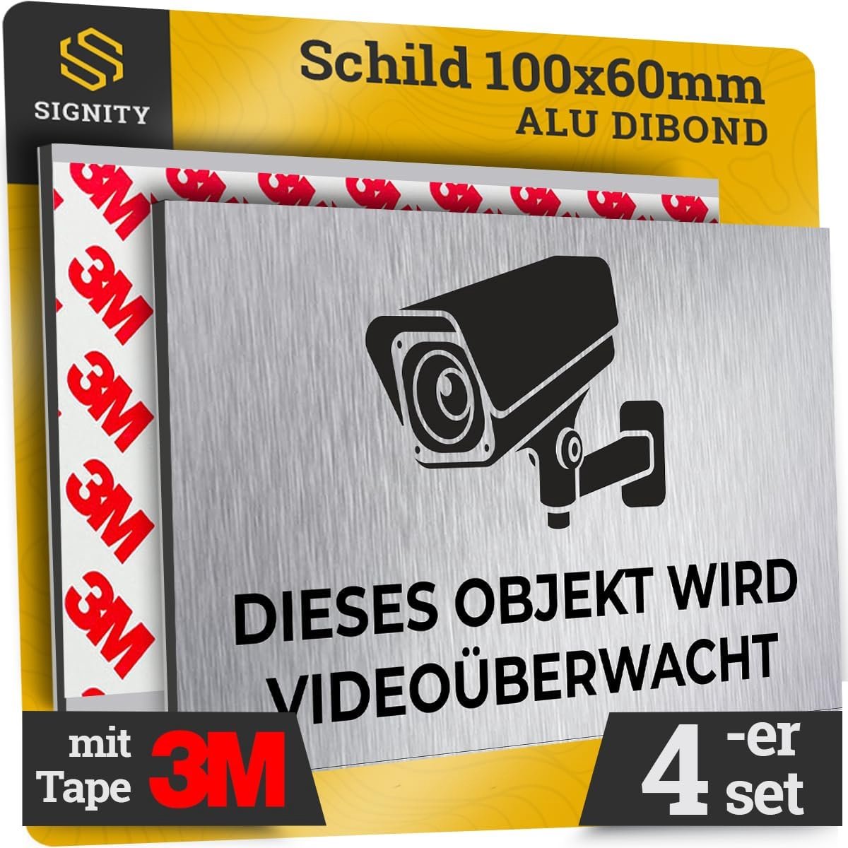 SnelShoppen - 4-Delige Aluminium Waarschuwingsbord Video Surveillance (100x60mm, 100% Aluminium, 3M Tape) - Weersbestendig Bord voor Dummy Camera - Id