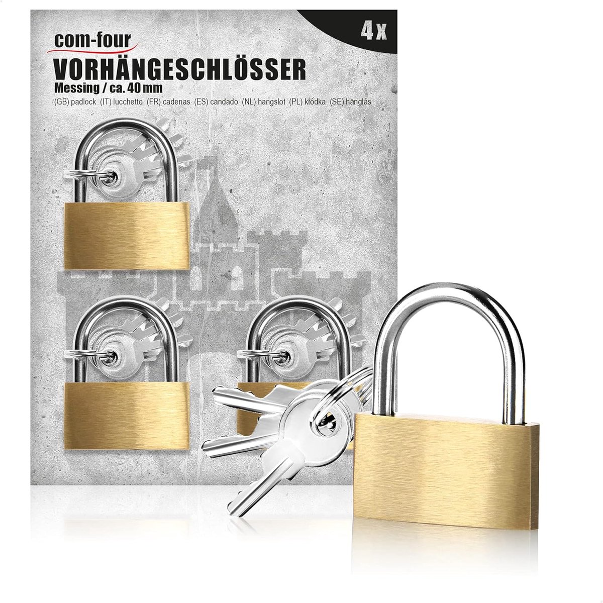 SnelShoppen - 4x Messing Hangslot - Hangslot met 3 Sleutels - Beveiligingsslot voor Huis, Werk en Vrije Tijd - Robuust en Veilig