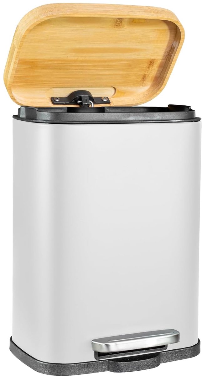SnelShoppen - Stijlvolle Pedalebak met Bamboo Deksel, Soft-Close Mechanisme, Poedercoating, Antislip, Wit, Perfect voor Keuken en Badkamer