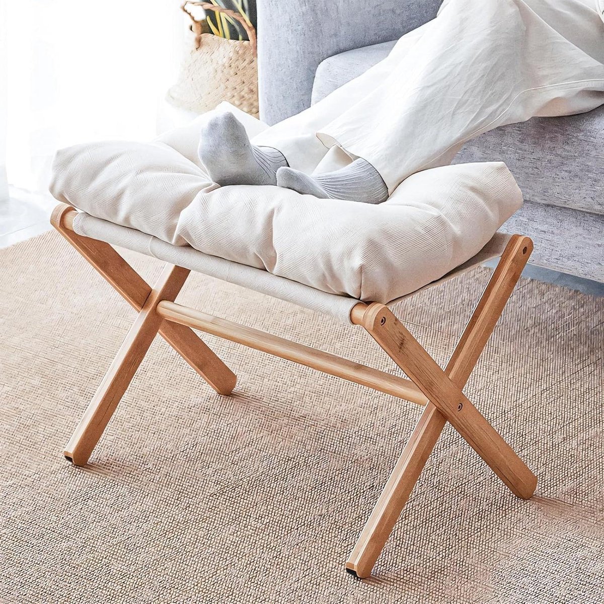 Voetenbank Klapbaar - Ottomaanse Kruk - Voeten Rusten - Bamboe Frame - 54 x 34 x 36 cm - Beige