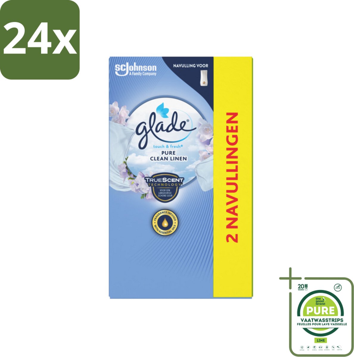 Glade - Touch & Fresh Navulling - Pure Clean Linen - 2 × 10 ml - Voordeelverpakking - 24 stuks - Geur - Luchtverfrisser