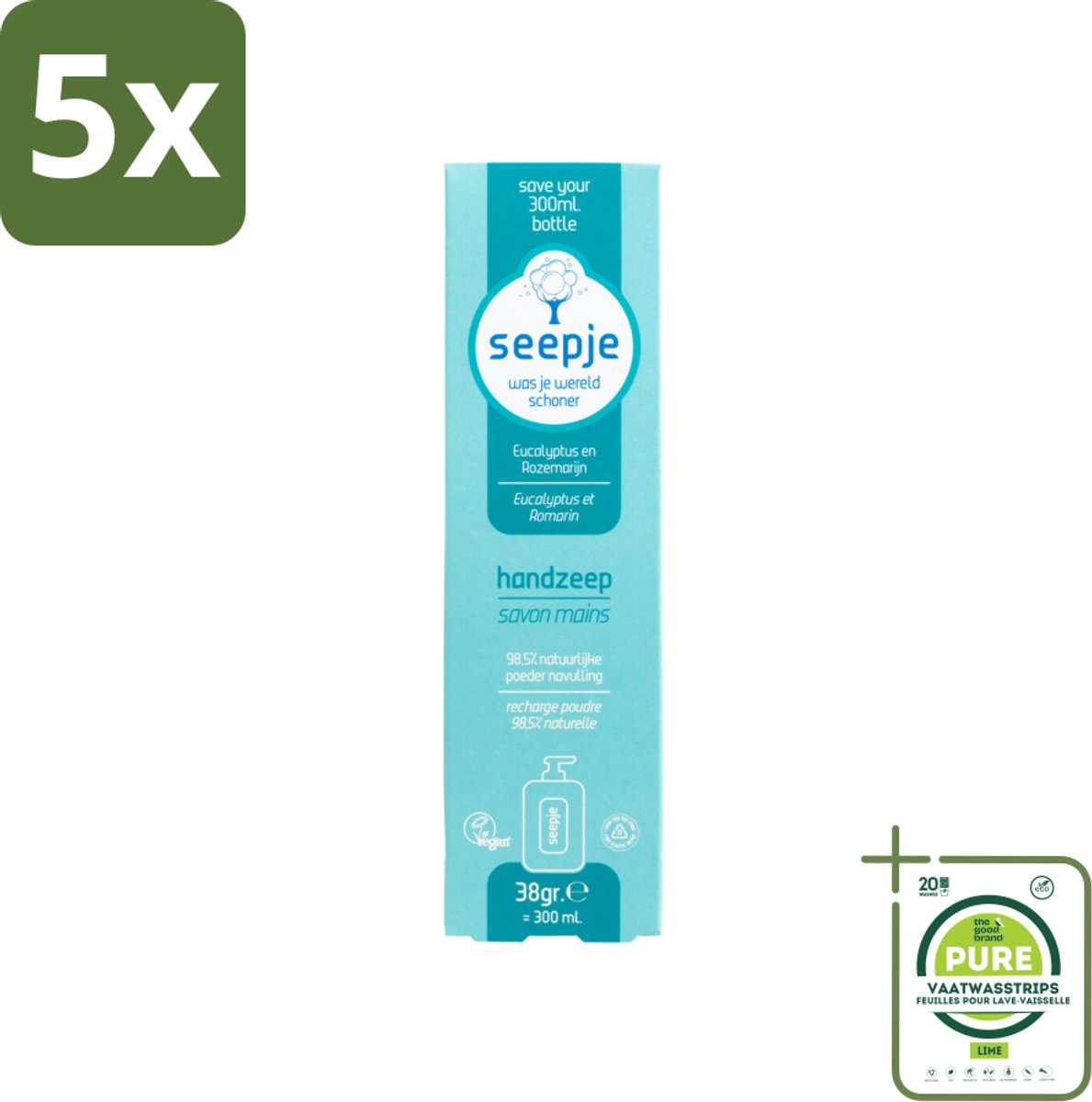 5 x Seepje - Handzeep - Natuurlijke Geur & Verzorging - Eucalyptus en Rozemarijn - Navulverpakking - 34 g - Grootverpakking - Handzeep - Navulverpakking - Eucalyptus - Rozemarijn - Natuurlijke Ingrediënten