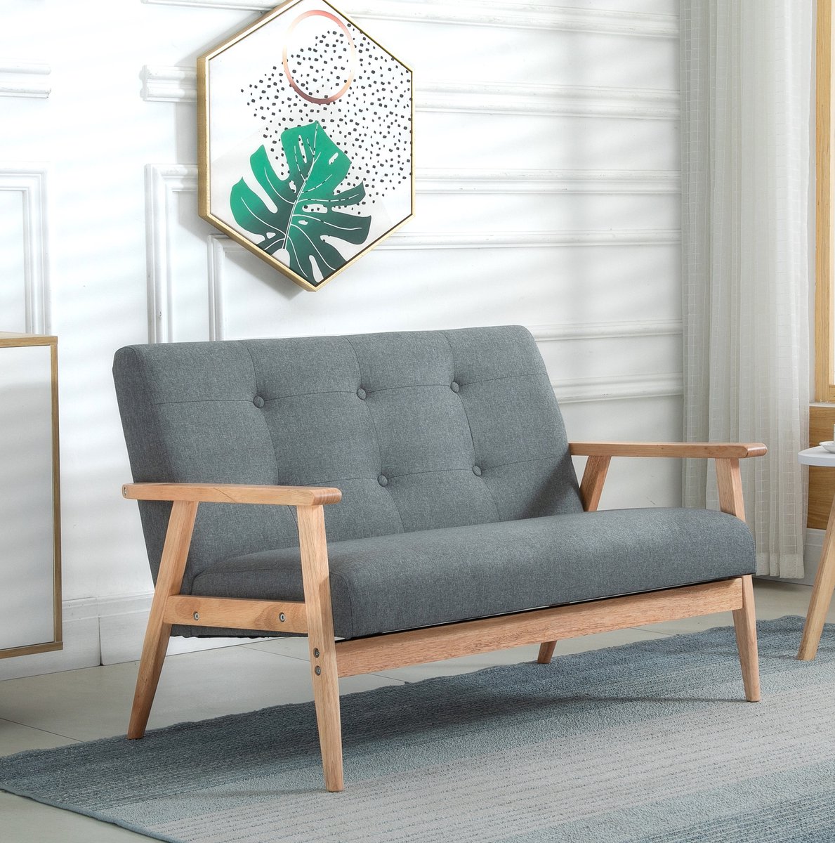 FloraGrace 2-zitsbank 115 x 66,5 x 73 cm - Compact Scandinavisch Design Met Knopen - Voor Woonkamer En Hoekje - Linnen En Hout - Donkergrijs