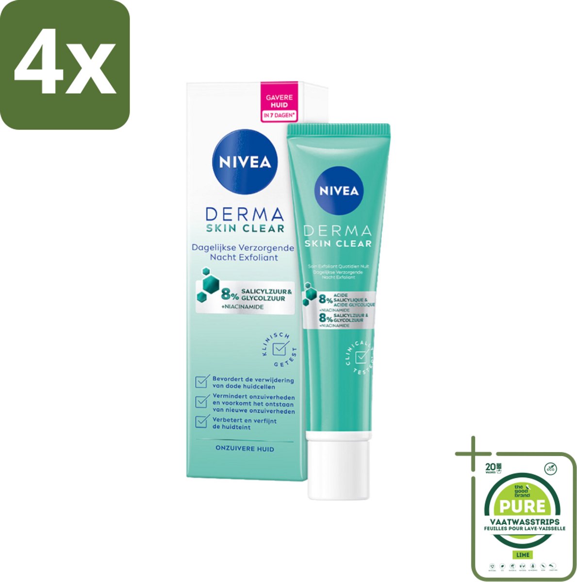 NIVEA - Nacht Exfoliant - DERMA Huidzuiver Dagelijkse Verzorging - Met Salicylzuur (AHA), Glycolzuur & Niacinamide - Tegen Acne & Mee-eters - 40 ml - Voordeelverpakking - 4 stuks - Nachtverzorging - Gezichtsverzorging