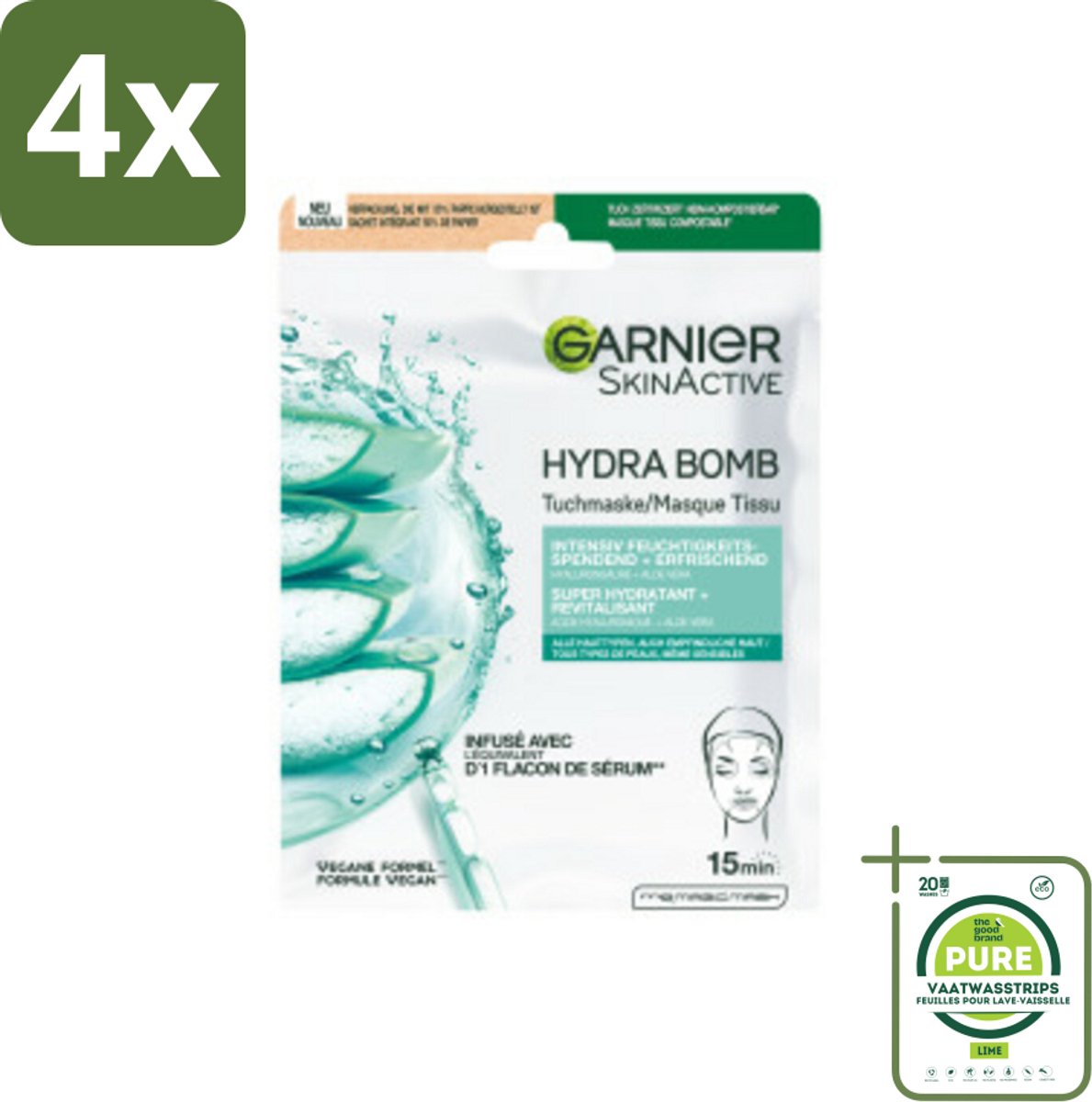Garnier - SkinActive - Hydrabomb Tissue Masker - Hyaluronzuur & Aloe Vera - Super Hydraterend - 1 Gezichtsmasker - Voordeelverpakking - 4 stuks - Hydraterend masker - Hyaluronzuur