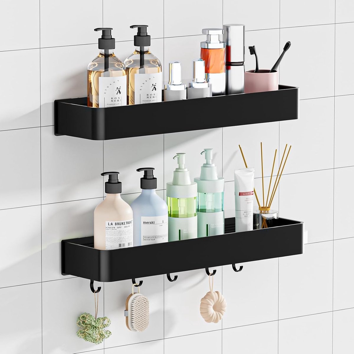 Zwarte Doucheplank zonder Boren met 5 Verwijderbare Haken, Waterdicht en Roestvrij, 2 Stuks Badkamer Organizer voor Shampoo, Zeep en Douchegel
