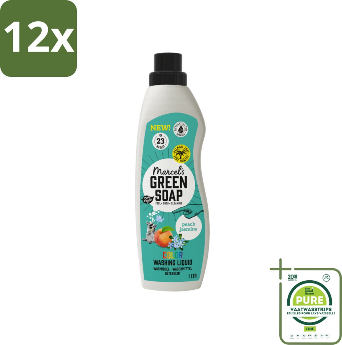 Marcel's Green Soap - Vloeibaar Wasmiddel - Kleur - Perzik & Jasmijn - Effectief & natuurlijk - 23 Wasbeurten - 1 liter - Voordeelverpakking - 12 stuks - Wasmiddel - Biologisch afbreekbaar