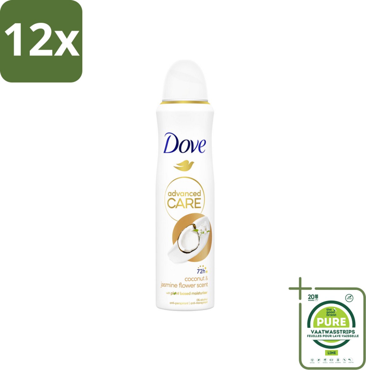 Dove Deodorant Spray - Advanced Care - Kokos & Jasmijnbloem - 150 ml - Voordeelverpakking - 12 stuks - Deodorant spray - Anti-transpirant
