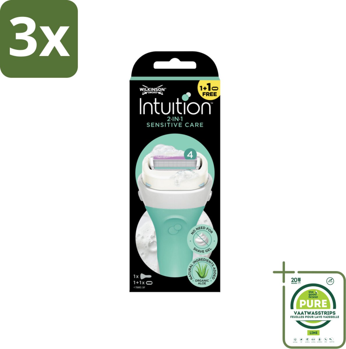 3 x Wilkinson Sword - Scheermes - Intuition Sensitive Care 2-in-1 - Zacht - 1 scheermes - Grootverpakking - Scheermes - Scheerapparaat - Vrouwen Scheerapparaat - Gevoelige Huid - Scheermesje
