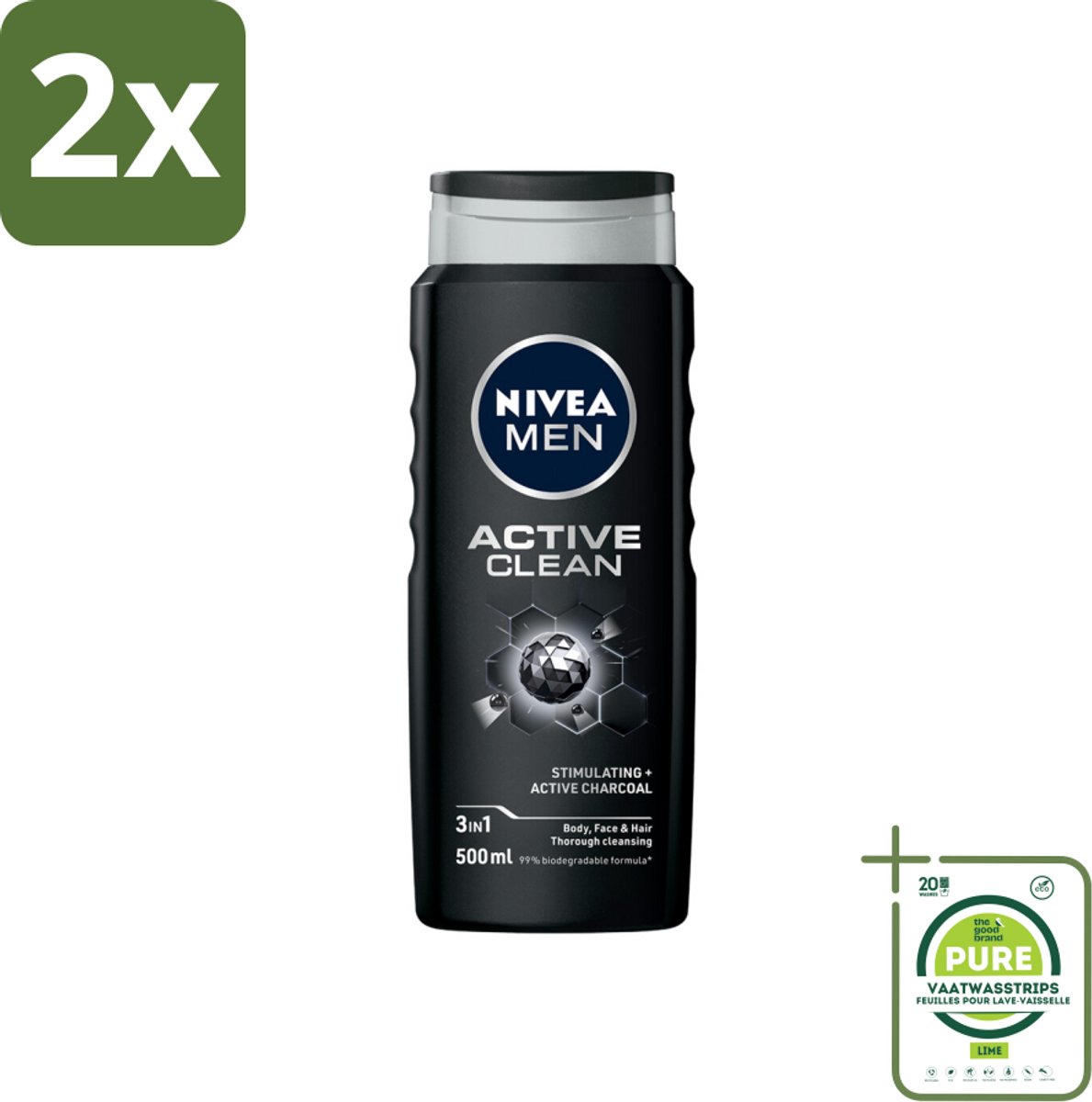 NIVEA MEN - Douchegel - Active Clean - 500 ml - Voordeelverpakking - 2 stuks - Douchegel mannen - Actief houtskool