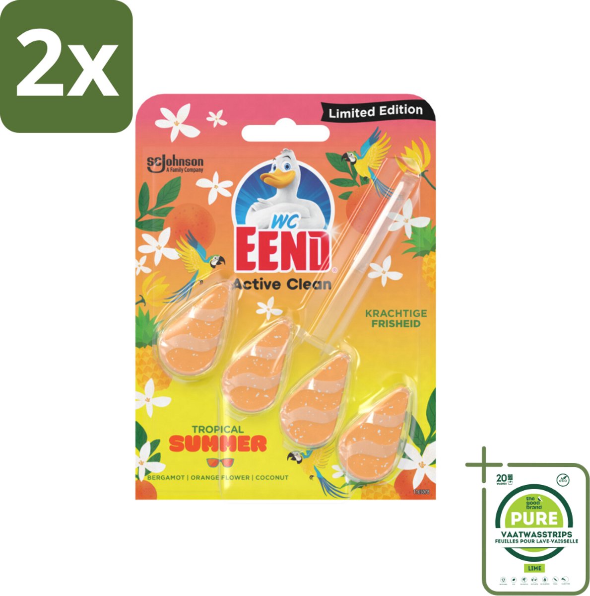 WC Eend - Active Clean Tropical Summer - Toiletblok - Zomerse Frisheid - 38 gr - Voordeelverpakking - 2 stuks - Toiletblok - Wc reiniging