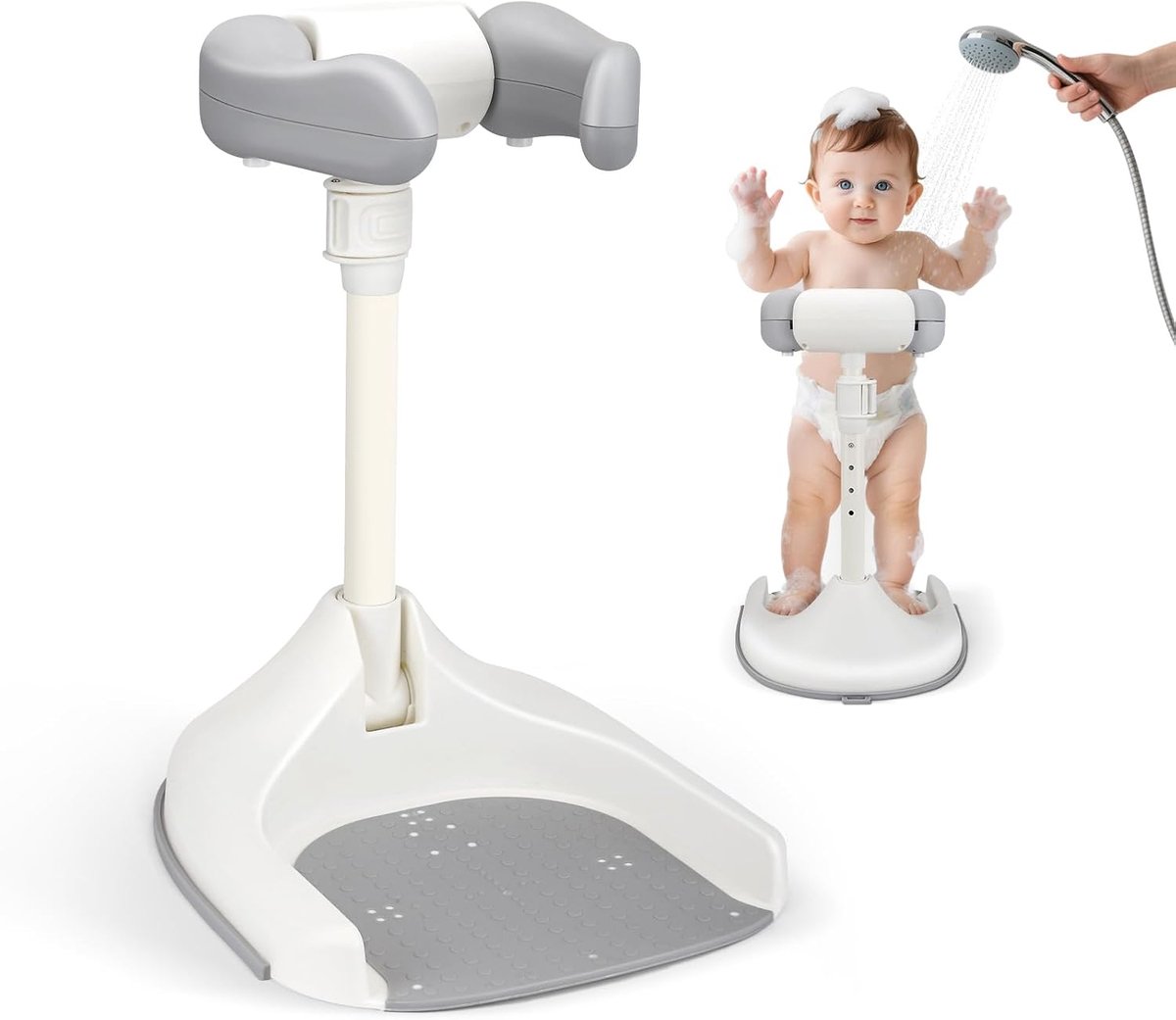 SnelShoppen - Babydouchestandaard in hoogte verstelbaar met antislip bodem en veiligheidsgreep voor peuters van 8-36 maanden, ideaal voor veilig douch