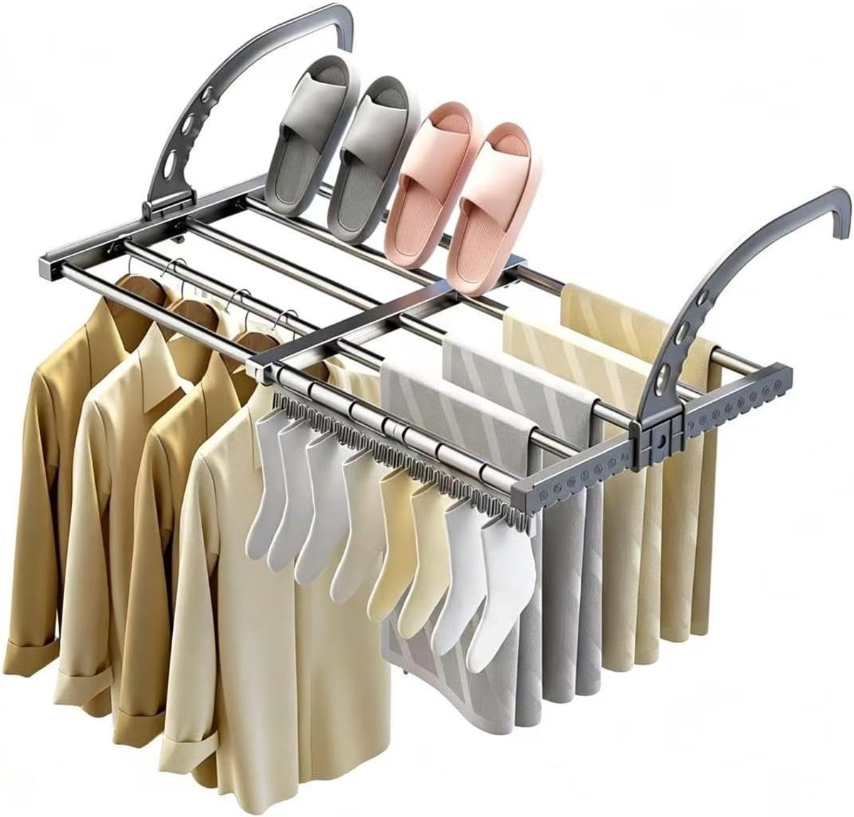 Wasrek Hangend Trapgat - Uitschuifbaar kledingrek - Wandkledingrek - 38-55 cm - Verstelbare lengte - Opvouwbaar - Gemakkelijk op te bergen - Ruimtebesparend - Geschikt voor deuren, balkons en radiatoren - Zwart - 1 stuk
