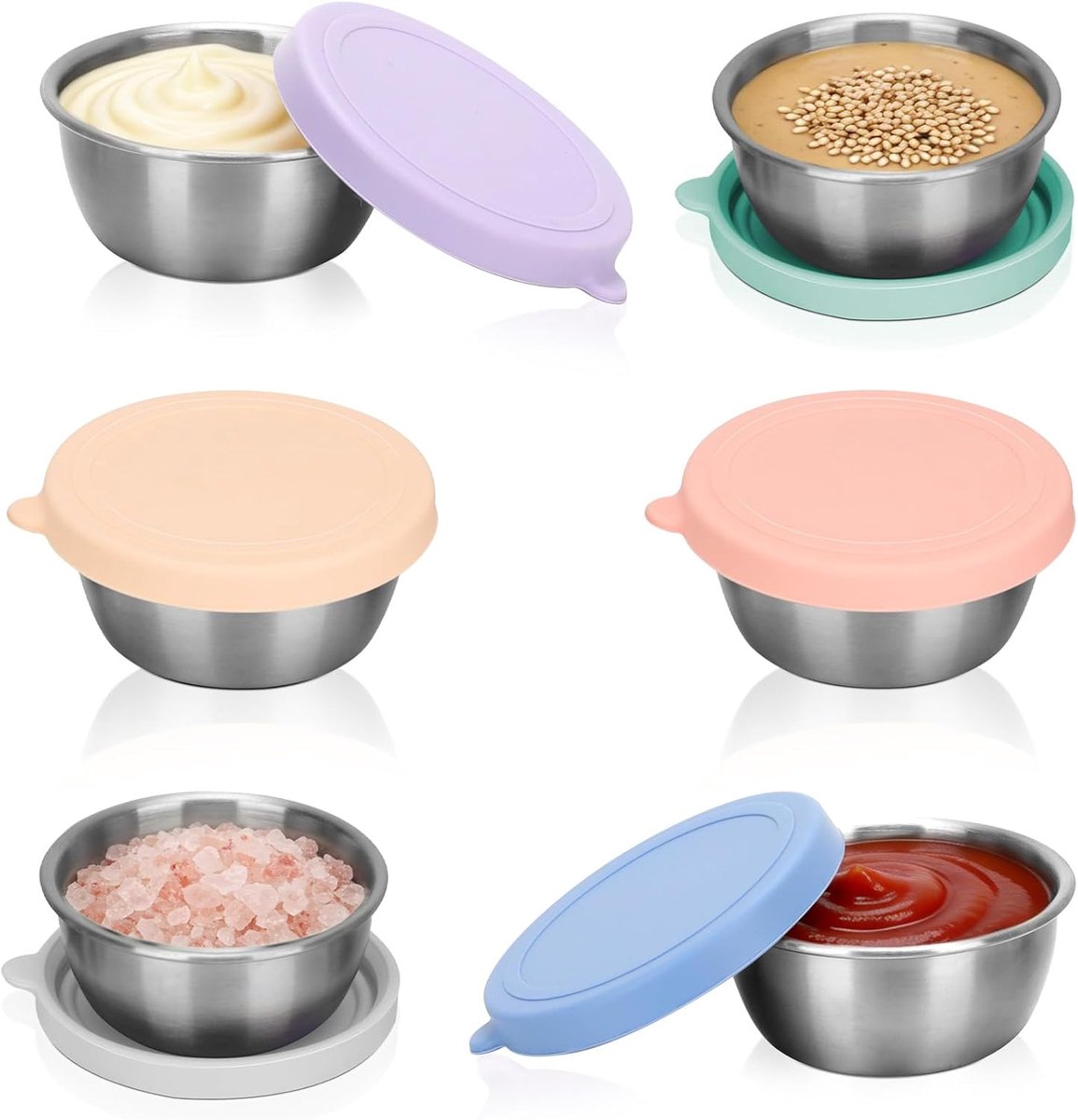 Mini sauspotjes met deksels, 6 x 50 ml mini saladedressingpotjes, gemaakt van 304 roestvrij staal met kleurrijke siliconen deksels, perfect voor picknicks en lunches, en ook ideaal voor het serveren van salades.