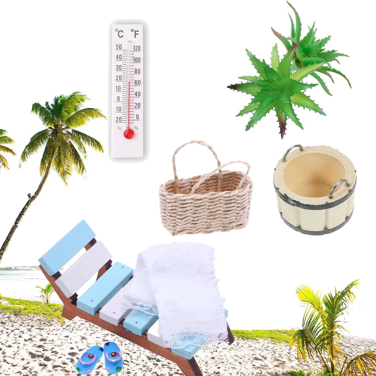 8 Stuks poppenhuis mini zomer strand houten ligstoel - Miniatuur decoratieve sauna-accessoires - miniatuur strandstoel microscene beeld zomer strandstoel set - voor foto-rekwisieten, accessoires, ornamenten - kleurn
