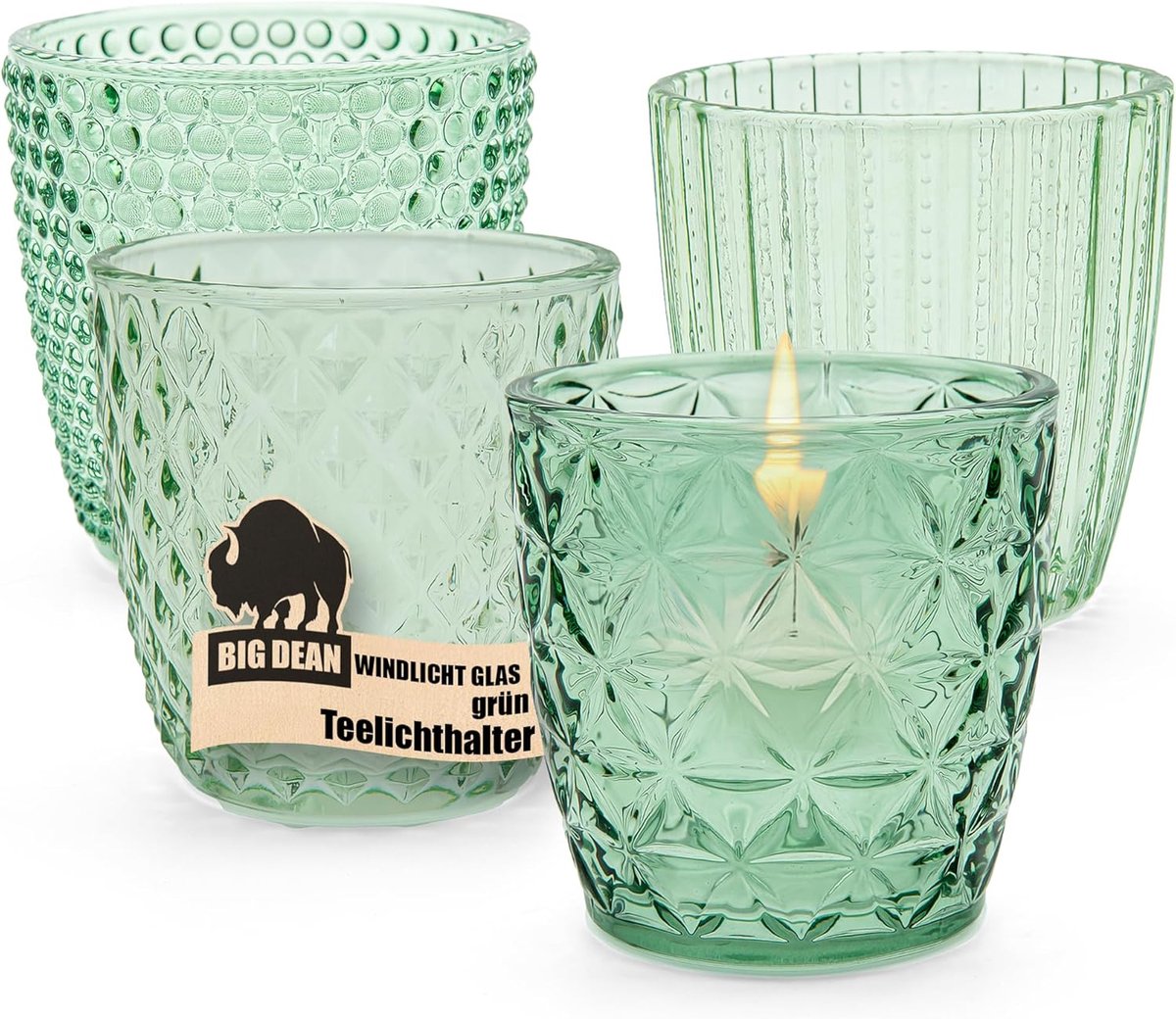 SnelShoppen - Set van 4 Teelichthouders in Glas - Unieke Designs - Groene Windlichten voor Sfeer en Decoratie - Ideaal voor Feestjes, Tuin en Binnenhu