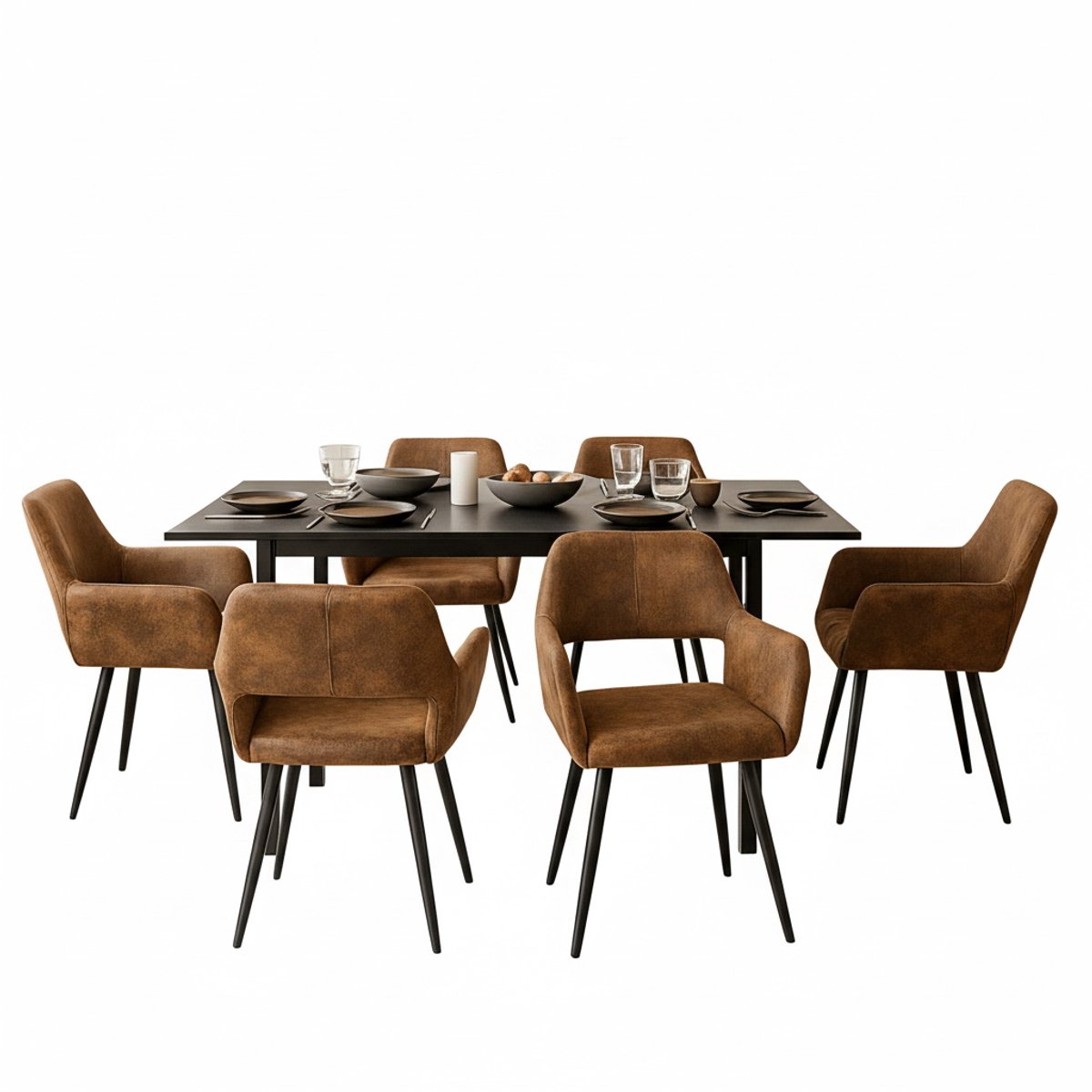 Eethoek - Uitschuifbare Tafel Met 6 Kunstsuède Armstoelen - Bruin