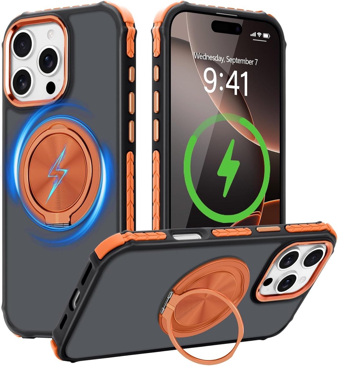 Magnetische ringhouder voor iPhone 16 Pro hoesje, compatibel met Magsafe 360° draaibare kickstand, harde mat doorschijnende achterkant, antislip, schokbestendige bescherming, oranje