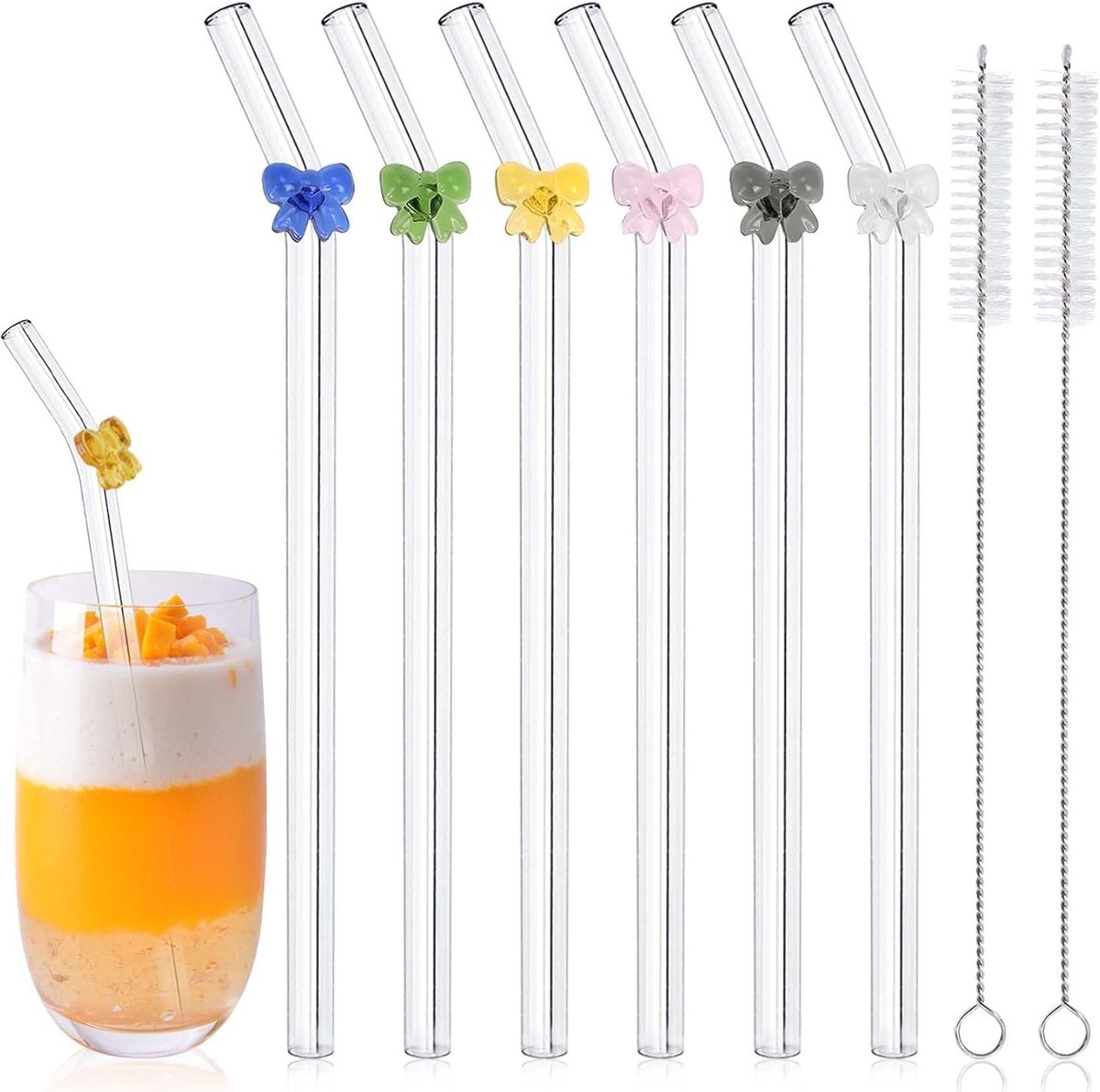 SnelShoppen - 6x Schitterende Glazen Rietjes met 2 Reinigingsborstels, 8.3" x 10mm Herbruikbare Rietjes voor Boba Pearls, Milkshake, Shatterproof, Vaa